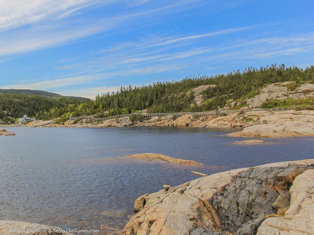 View of the shoreline with pine-covered hills