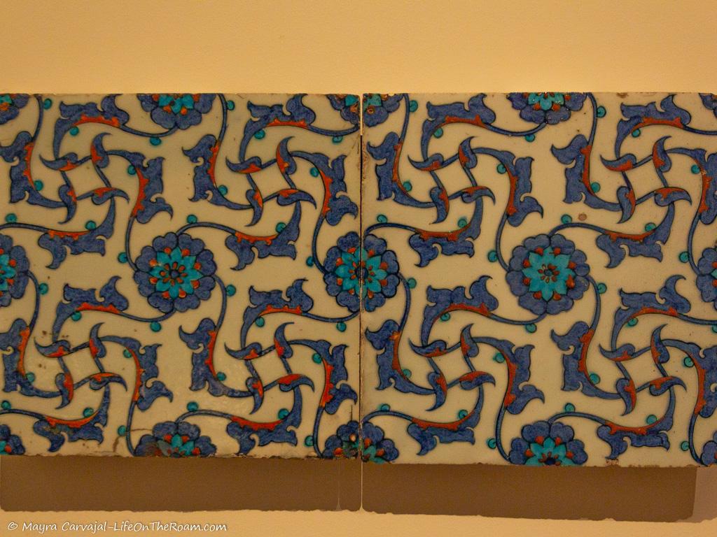 Glazed tiles with vivid colours and floral motifs