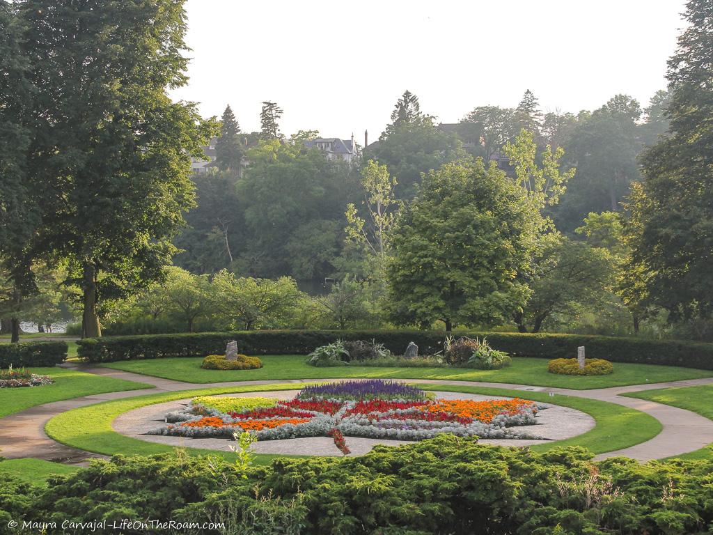 A garden with plants and flowers in the shape of a maple leaf