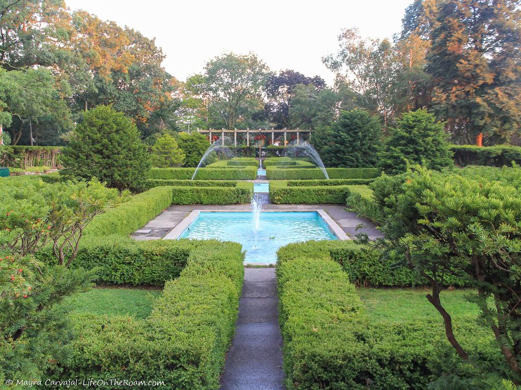 Fountains in a formal garden designed with a grid pattern