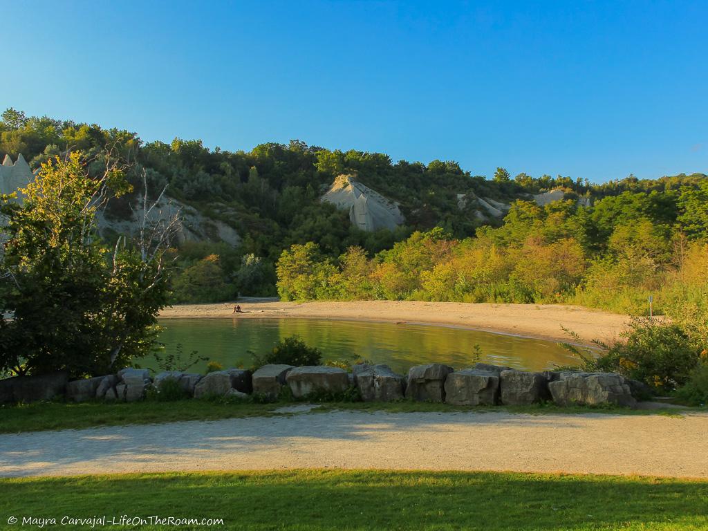 View of a beach with bluffs in the background