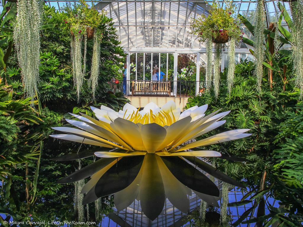 The sculpture of a water lily on the pond inside a greenhouse