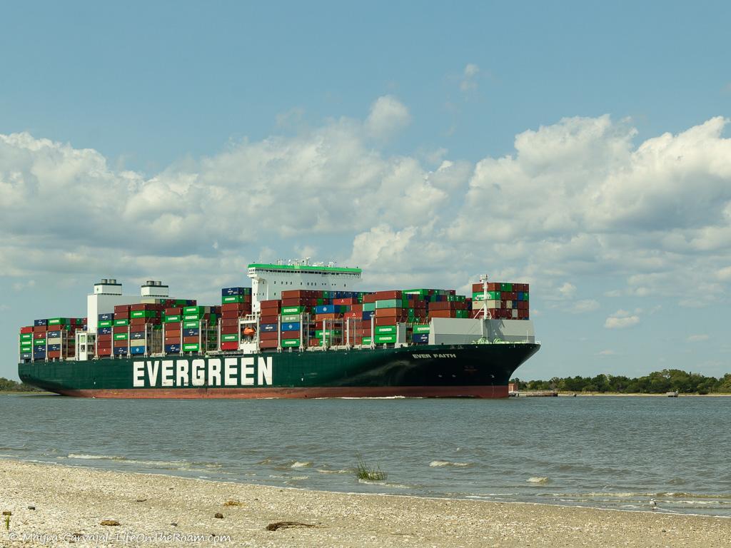 A cargo ship on a river