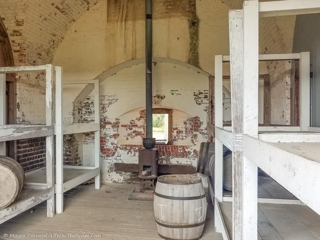 Wooden bunk beds inside a casemate