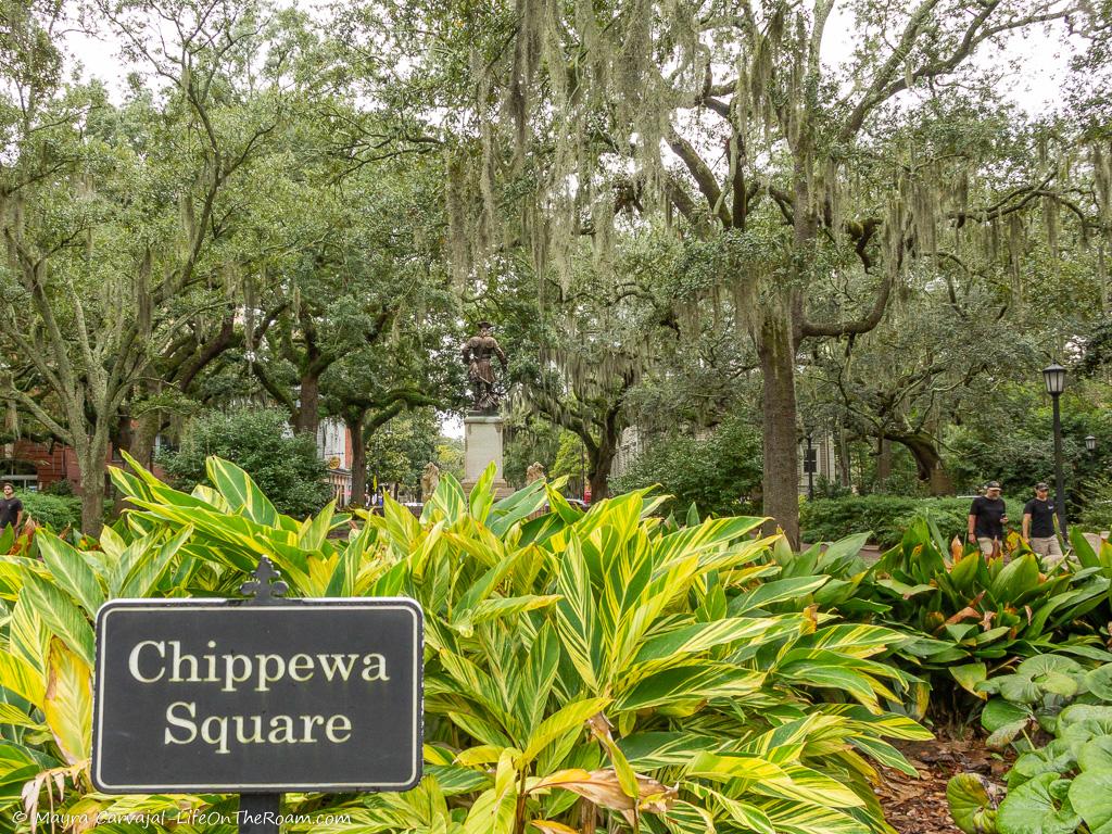 A public square with plants and a statue in the distance