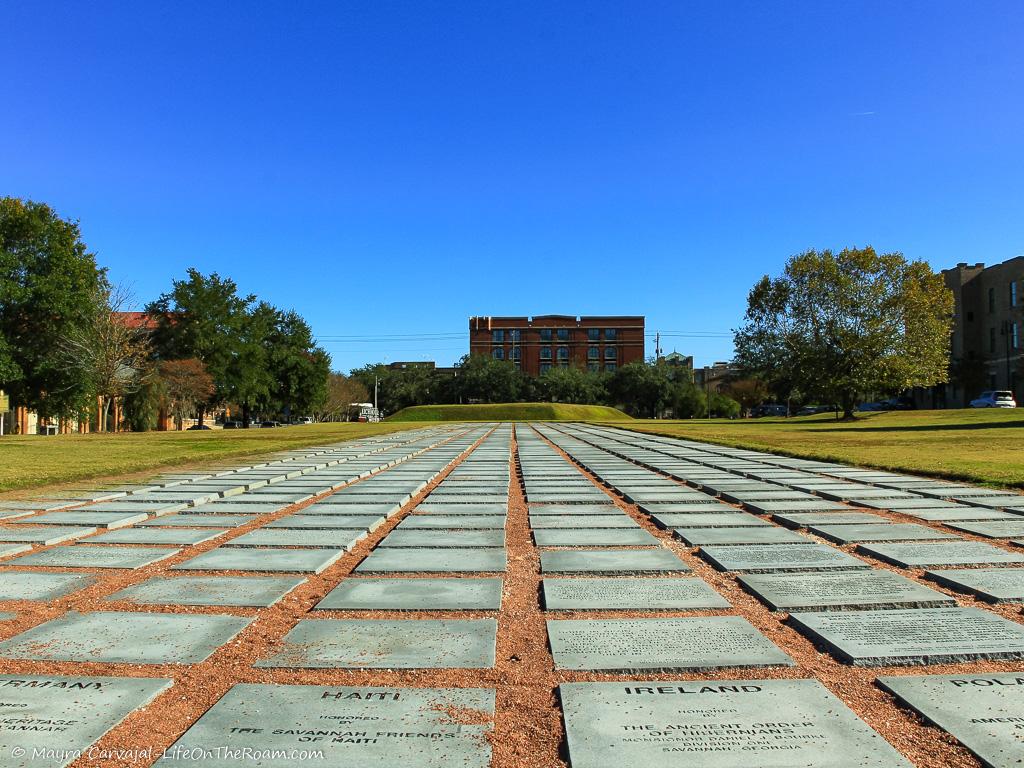 Plaques laid out on the grounds of a park as a memorial