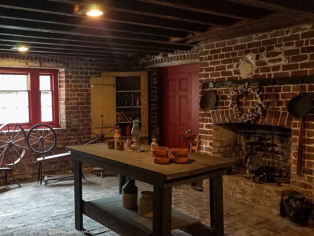 A kitchen in the basement of a historic house