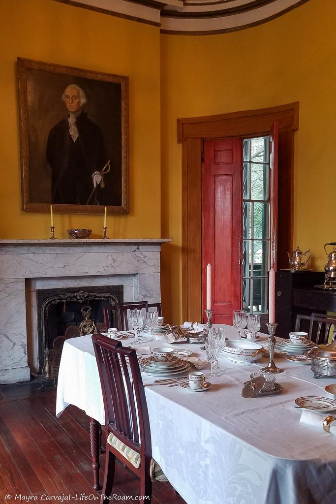 A dining room with curved walls