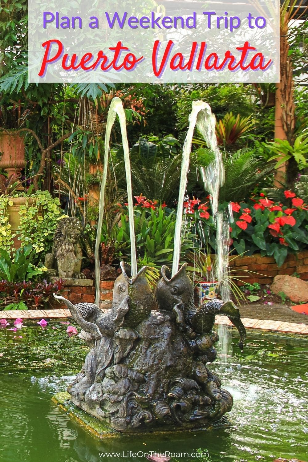 A fountain in a garden pond