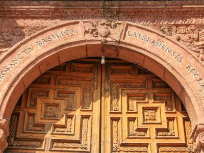 The tympanum of a carved wood door