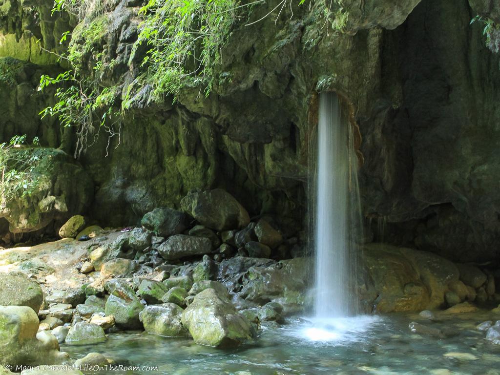 A water jet coming out of a natural bridge in a forest