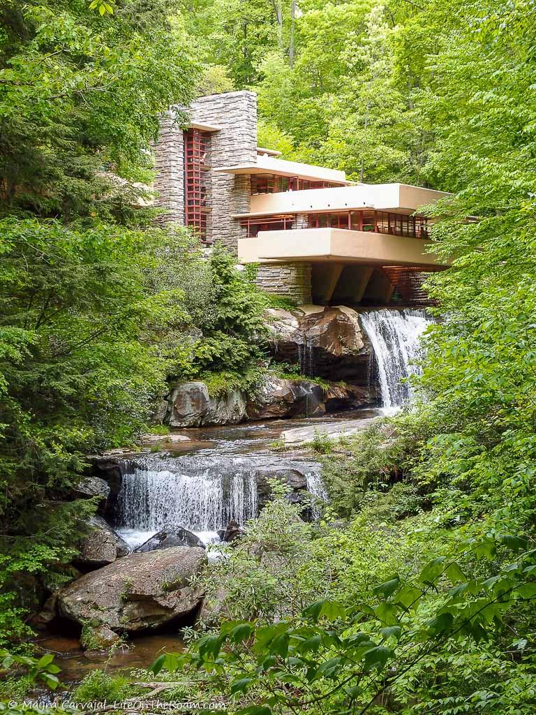 A house built on a waterfall in a forest environment.