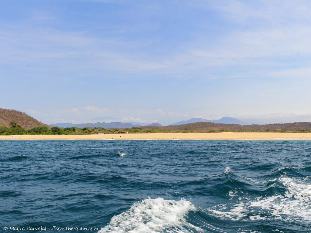 View of a beach from the sea, in the distance