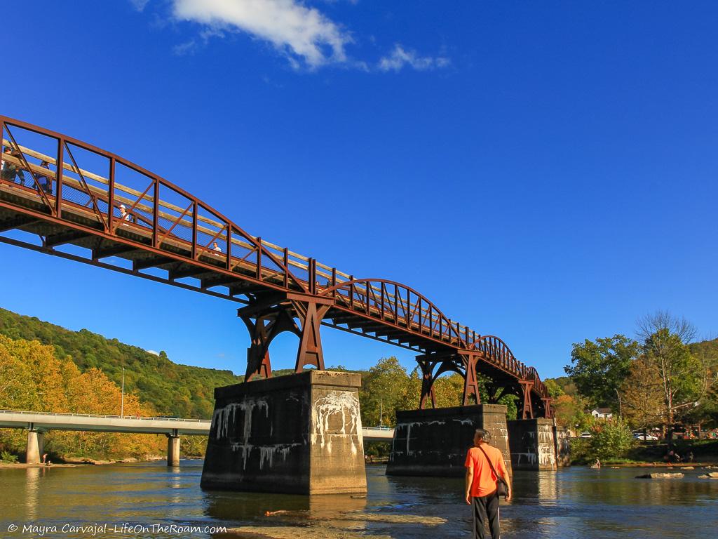 View of a bridge from the river shore