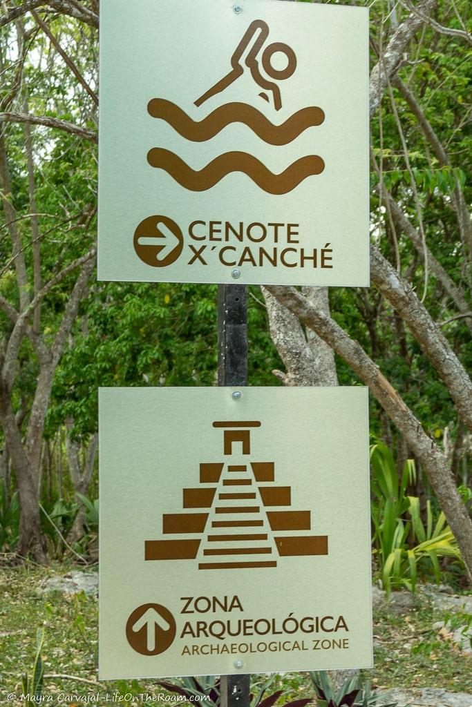 A sign indicating the way to a cenote and an archeological site