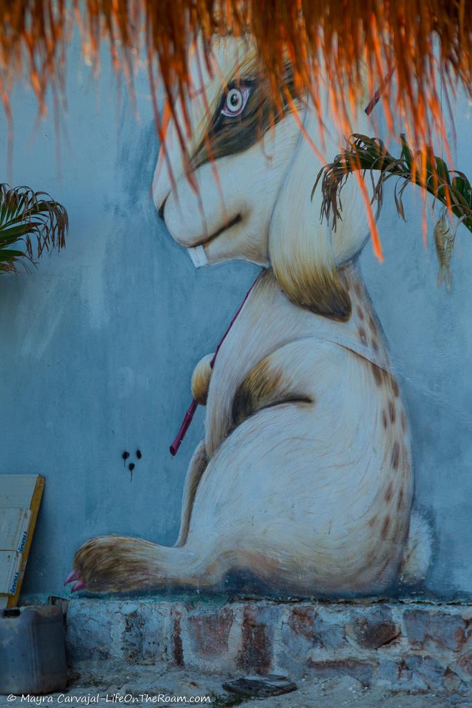 A mural with a curious rabbit