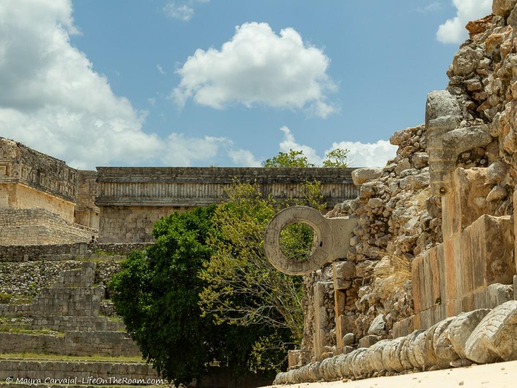 Details of a ball game court with a ring on the wall