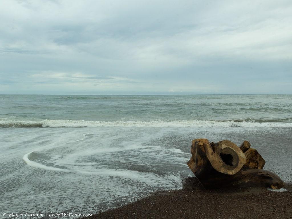 Sea water swirling around a log at the beach