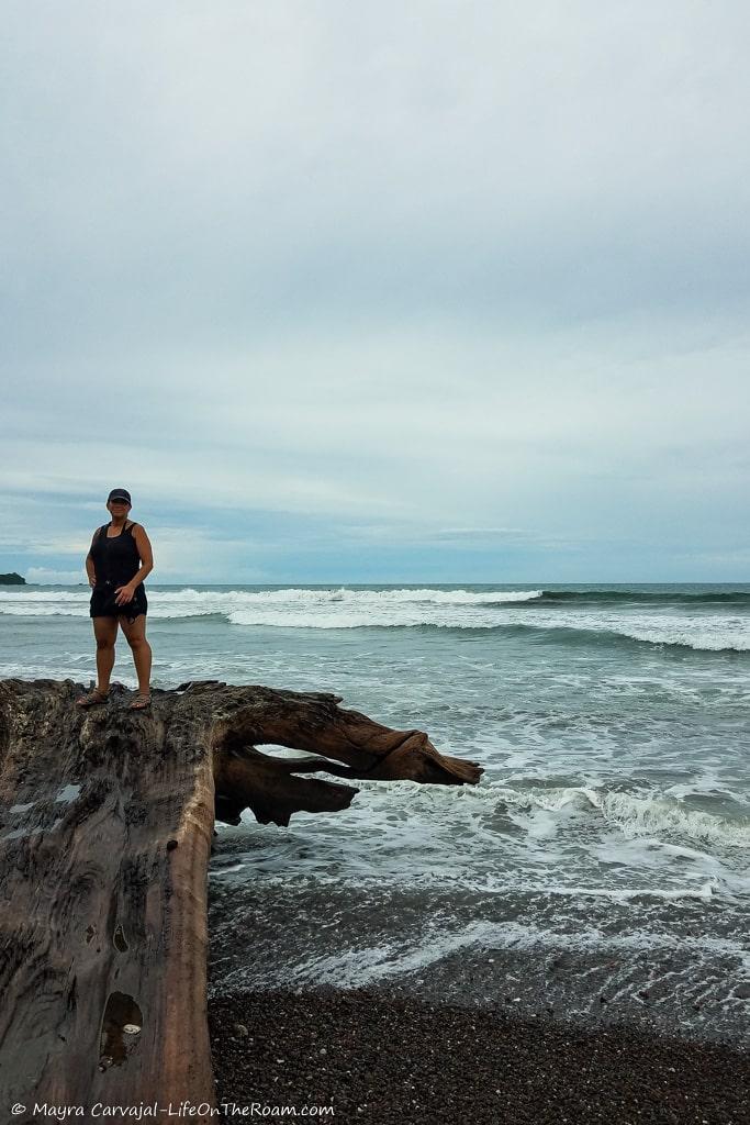 Woman standing on a log washed up at the beach