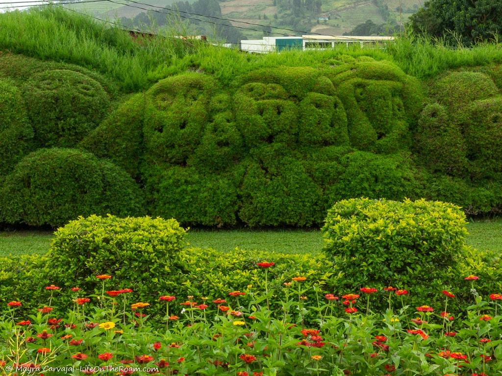 Sculpted faces in shrubs with flowers in the foreground