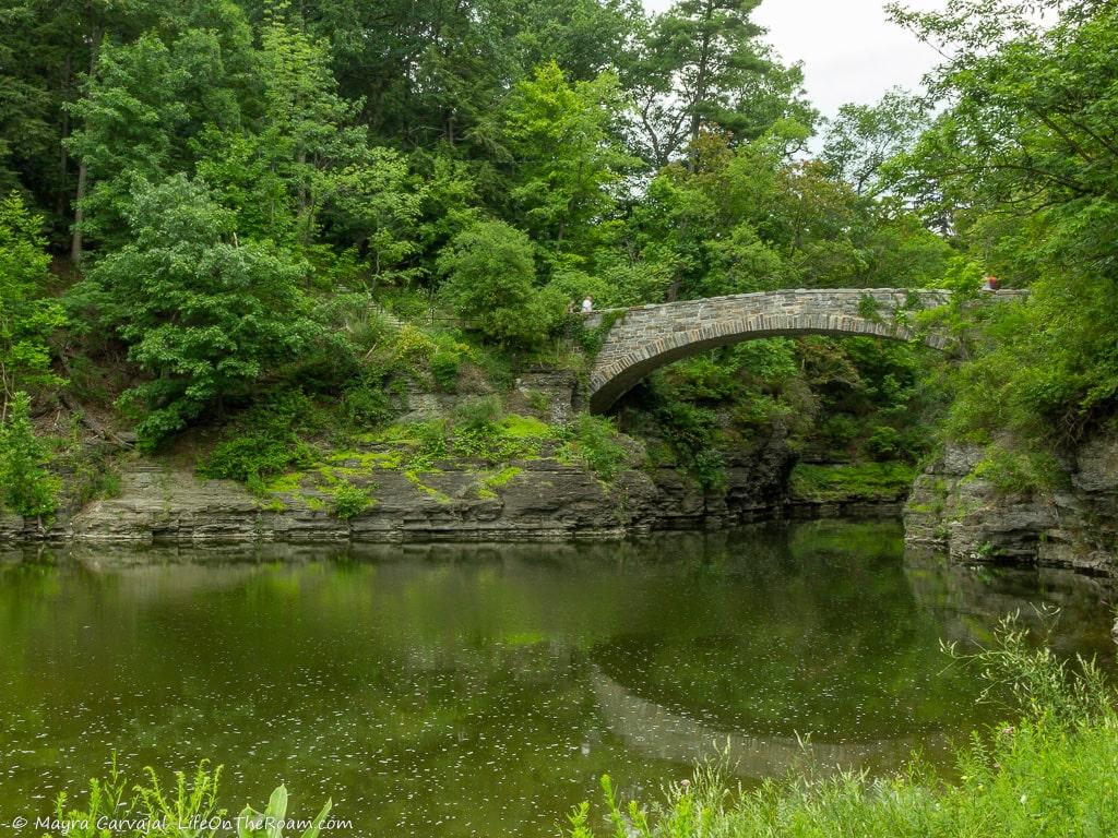 The reflection of a bridge on a lake