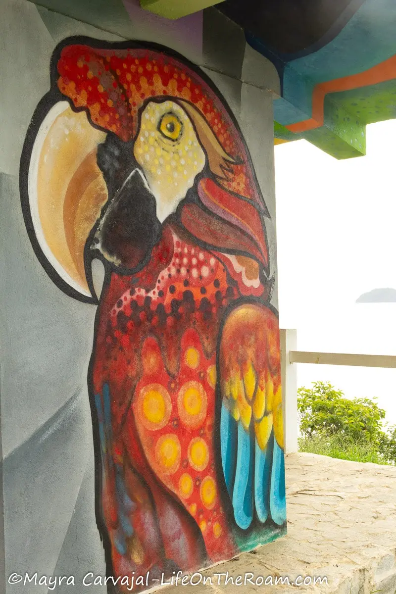 A colourful mural depicting a macaw