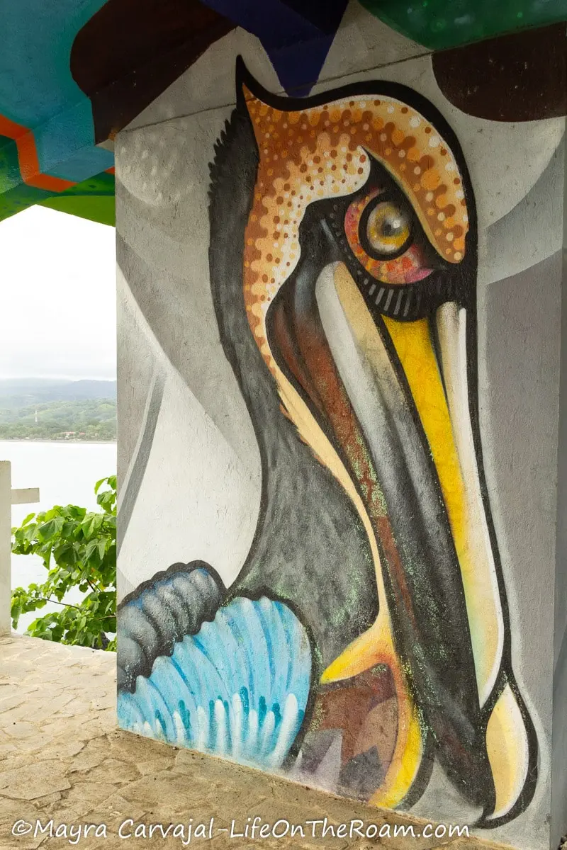 A colourful mural depicting a pelican