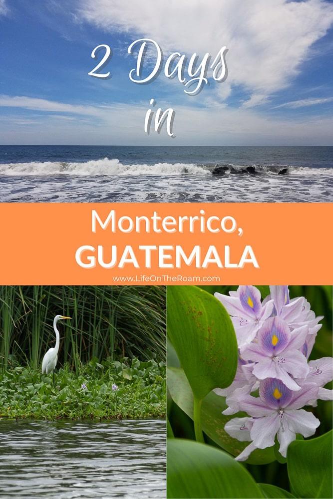 A collage of pictures of a beach, a canal with an egret and flowers, with the text "2 Days in Monterrico, Guatemala"