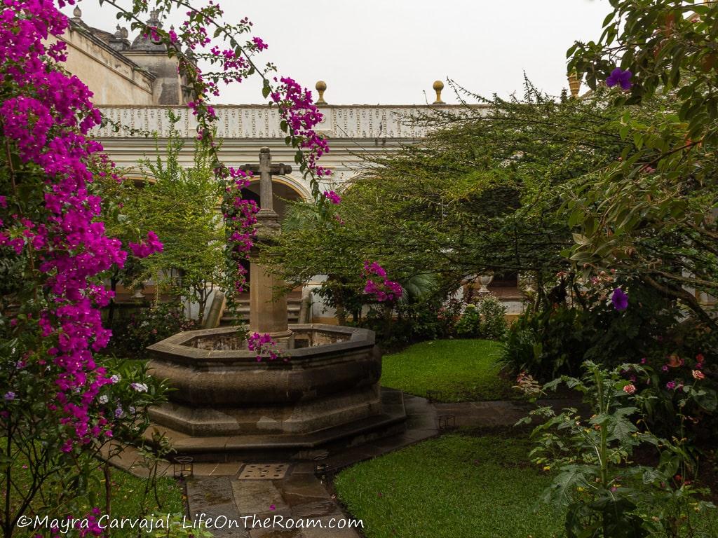 A fountain in a garden