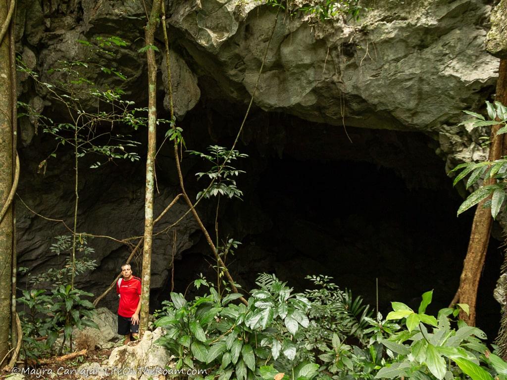 A man standing at the exit of a cave