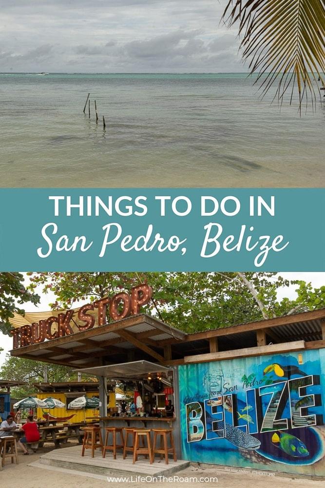 Top image with a picture of a beach and lower image with a picture of a beach bar with a "Truck Stop" sign above and a mural with the word"Belize"