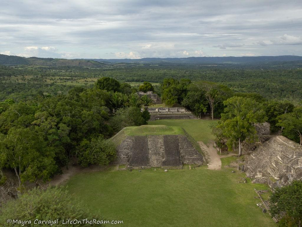 An aerial view of pyramids in an ancient complex