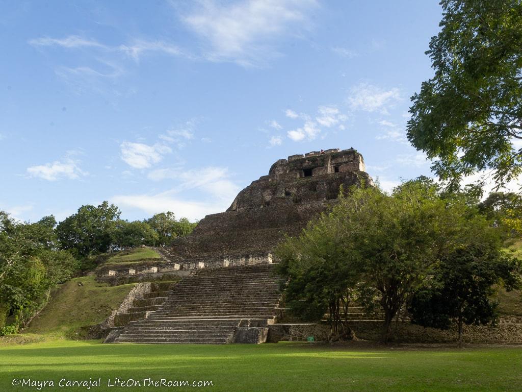 A tall pyramid in the jungle with central stairs