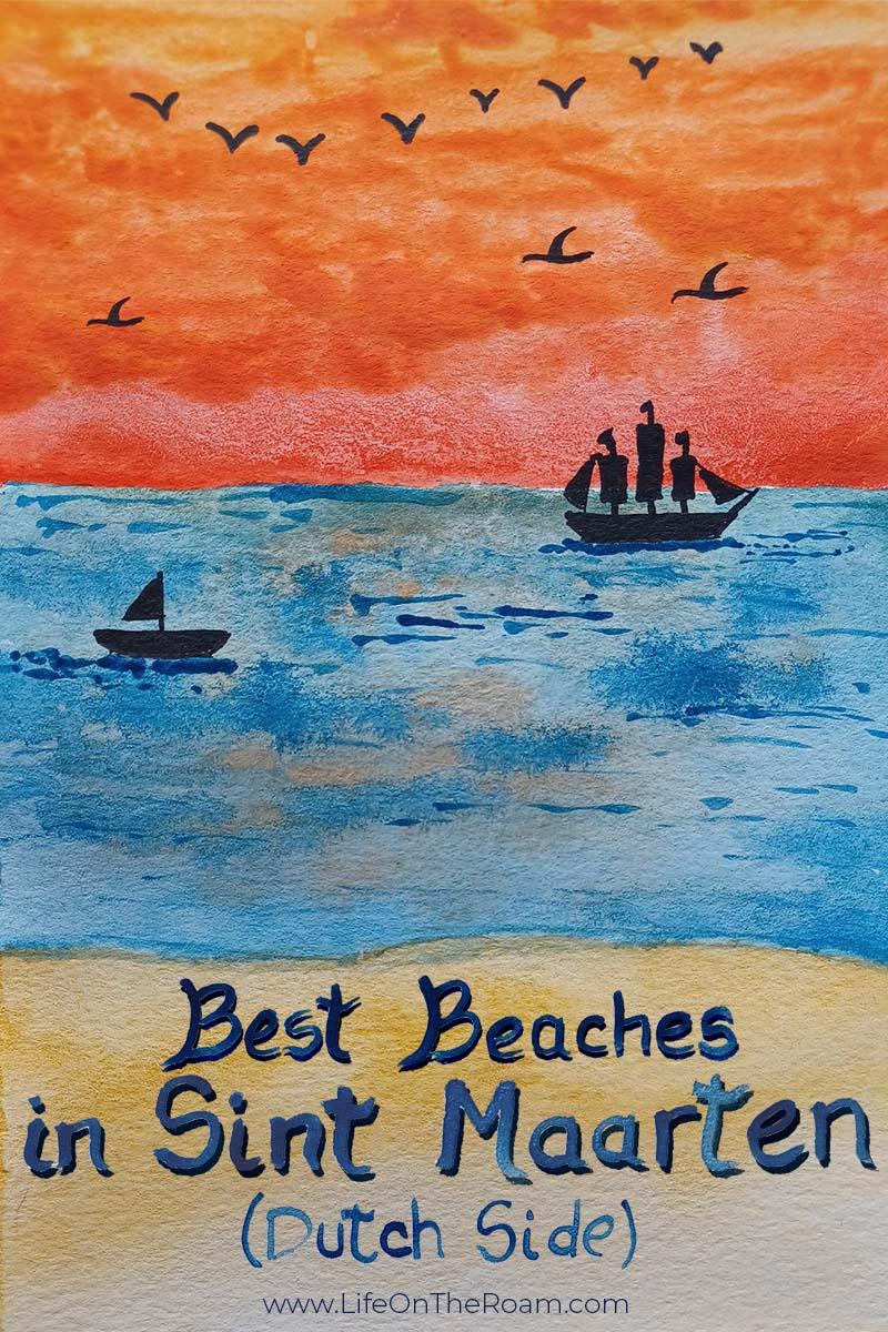 A watercolour of a beach with a sunset and boats in the background