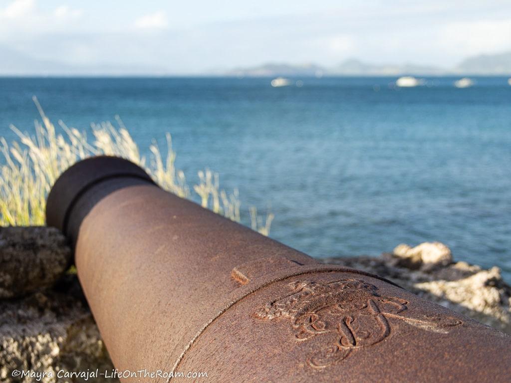 An engraved cannon pointing out to the sea