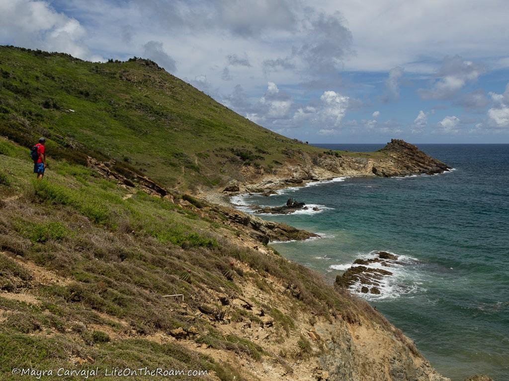 A trail along the coastline with rocky hills covered in grass