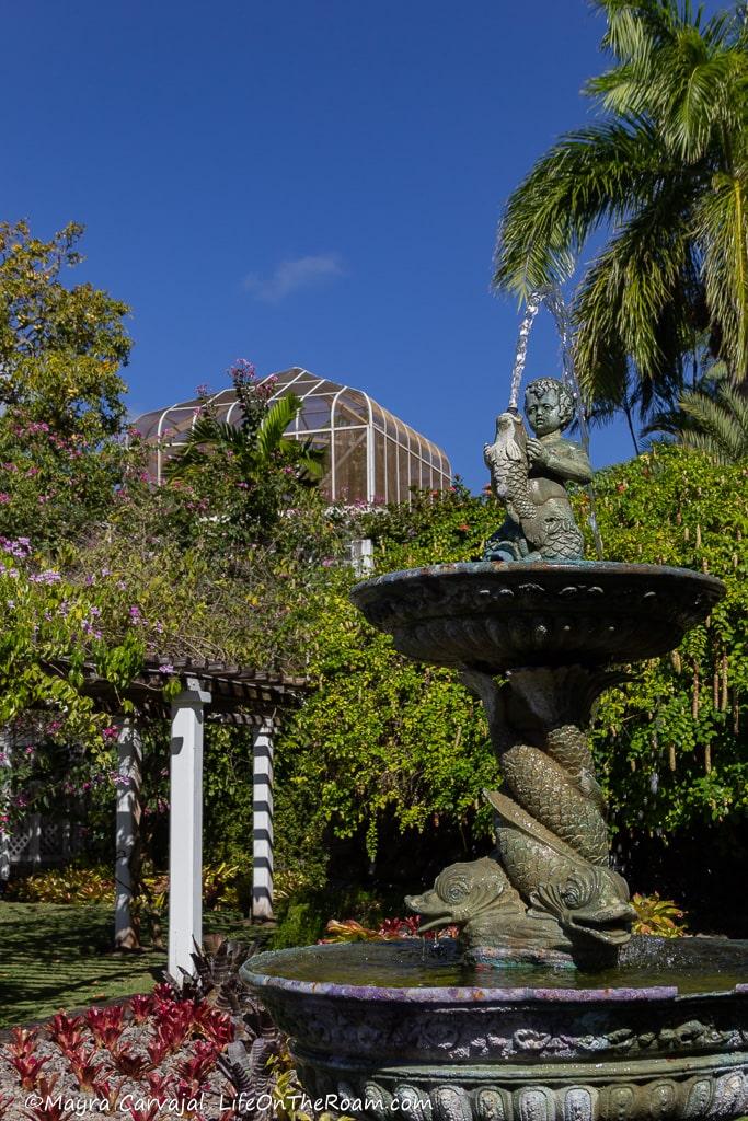 A fountain in a tropical garden with a pergola and a greenhouse in the background