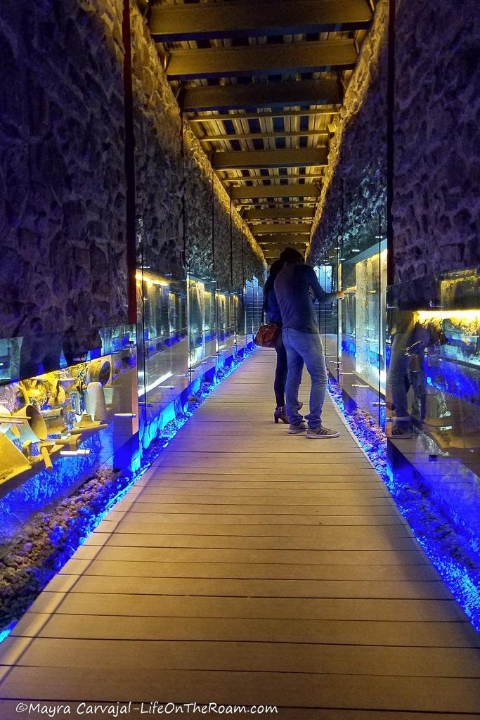 A tunnel with blue lights and an artifact exhibit