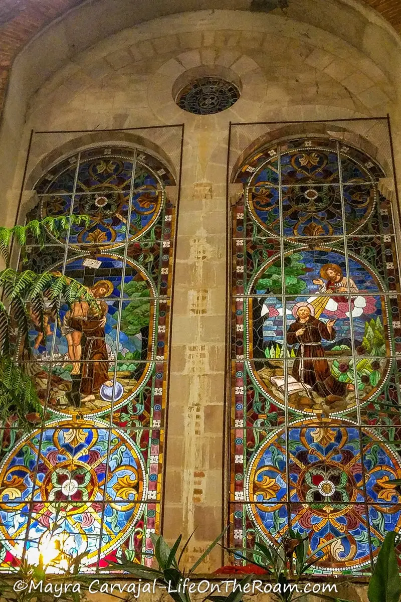 A stained glass window in a church