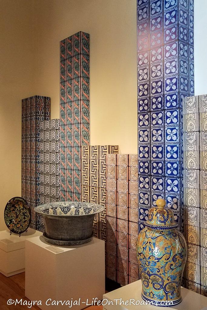 An exhibit with pieces of multicolour pottery