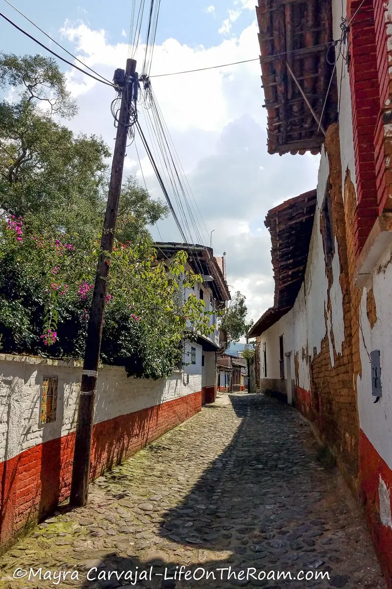 A cobblestone street in a colonial town