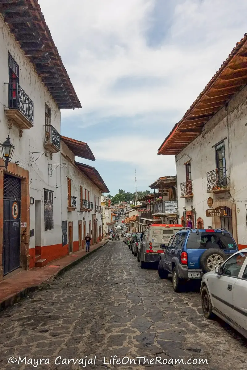 A cobblestone street with colonial houses on each side