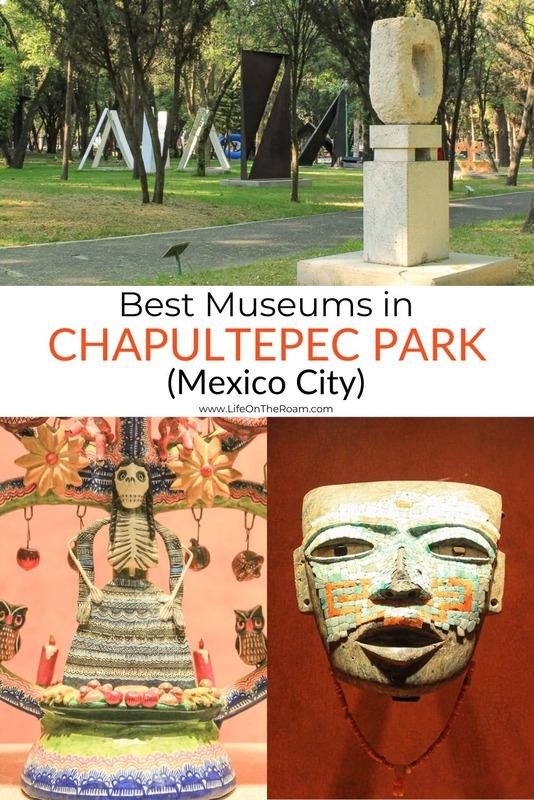 A collage of images with a sculpture in a park, a detail of a tree of life and an ancient mask with a title: "Best Museums in Chapultepec Park (Mexico City)