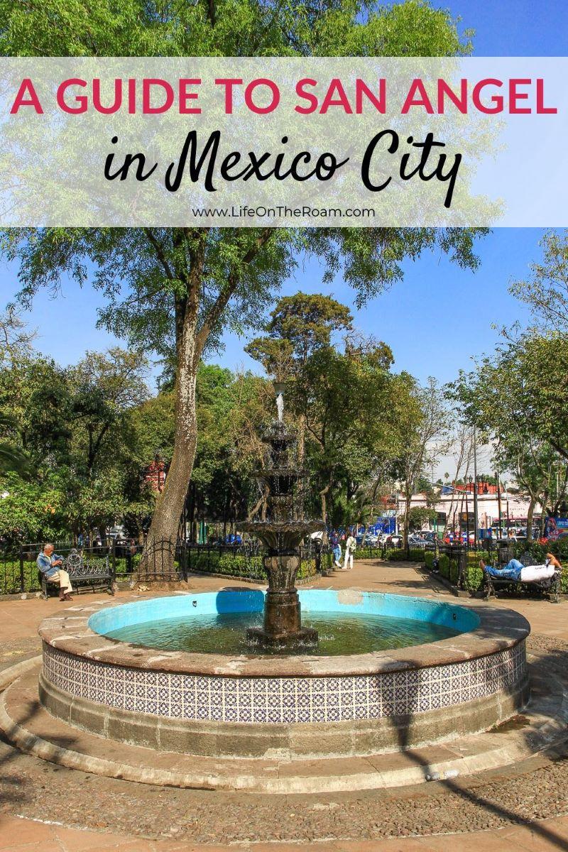 A circular fountain from the 16th-17th century with glazed tiles, in a park with trees, with the text: "A guide to San Angel in Mexico City"