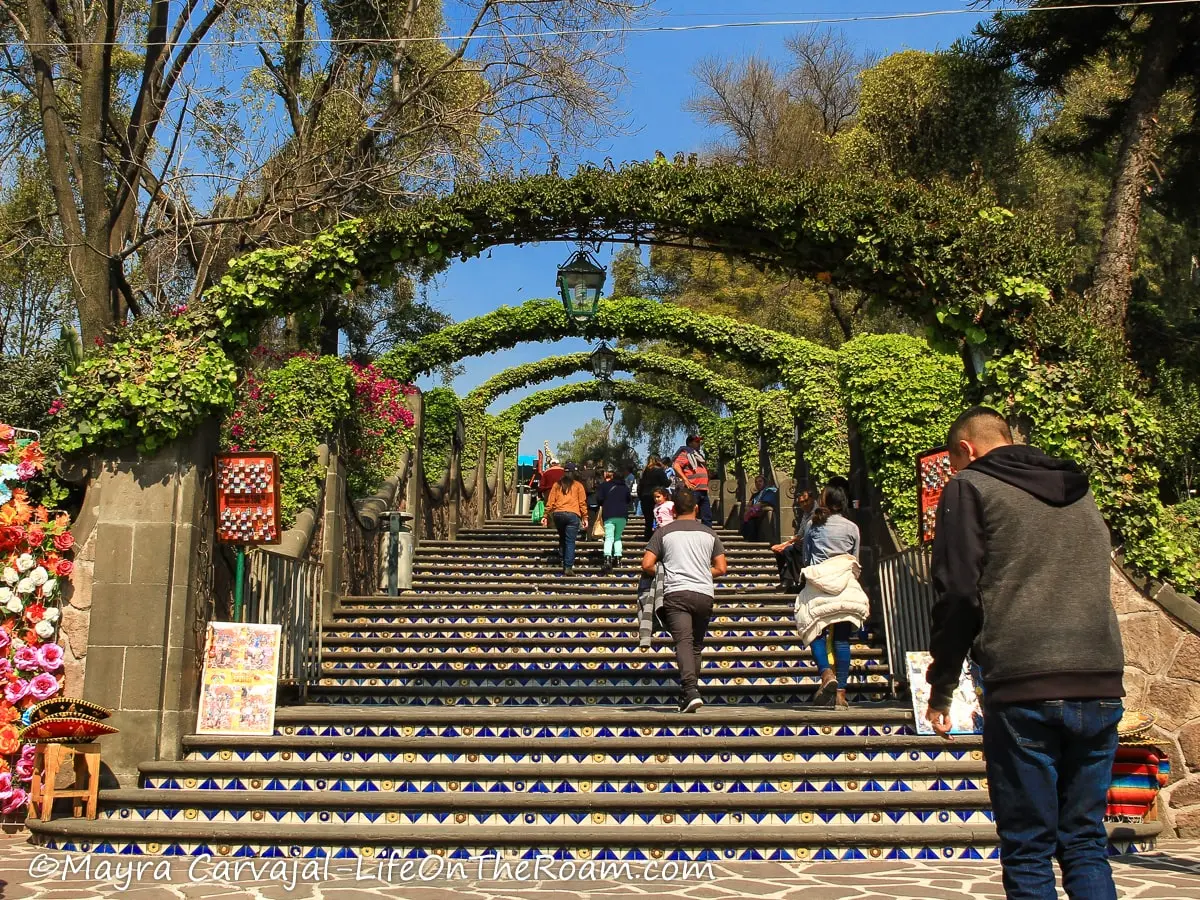 People climbing wide stairs decorated with tiles and arches with greenery above