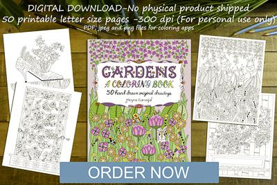 A cover image of a digital colouring book with colouring pages featuring gardens