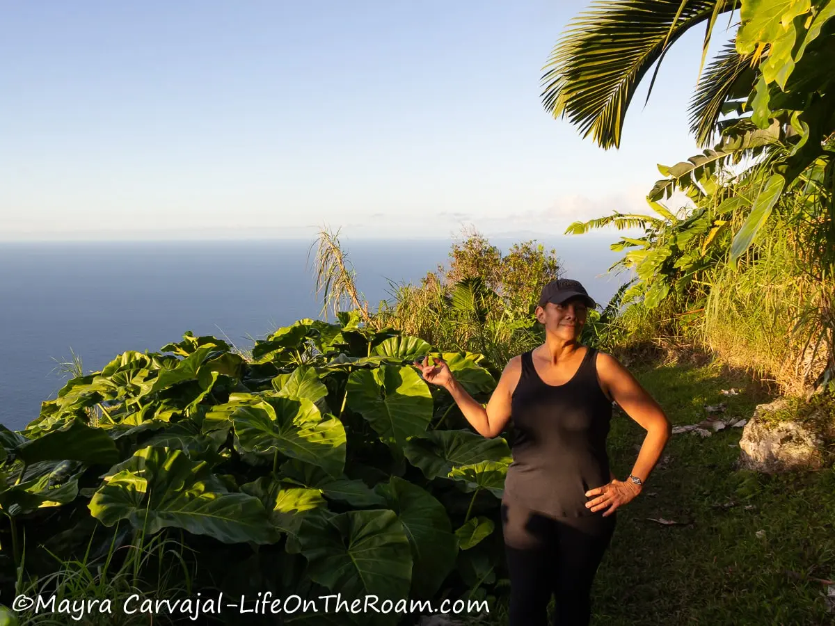 Mayra on a lush mountain trail during sunset with views of the ocean in the distance on the island of Saba