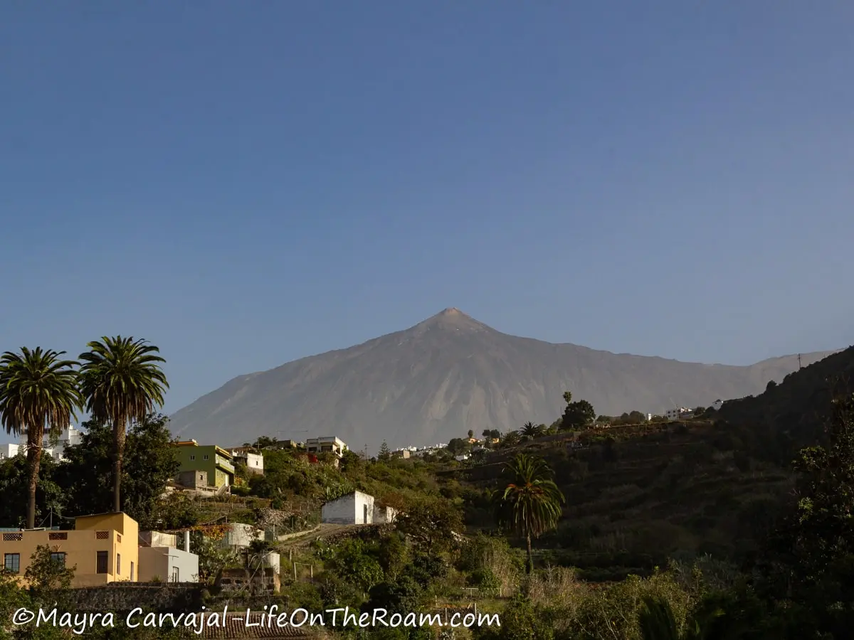 View of a volcano in the distance from a garden