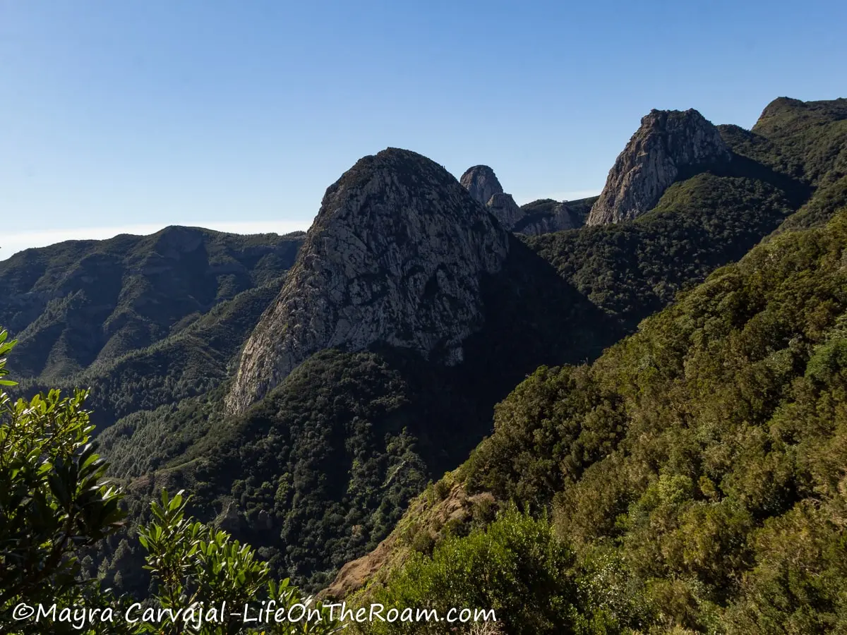 Several rock formations with a conical shape sticking out of a green mountain