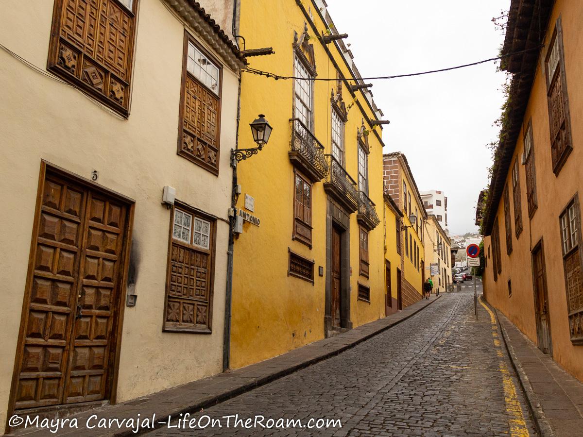 A traditional town with cobblestone streets, and houses with carved doors and windows and walls in earthy tones